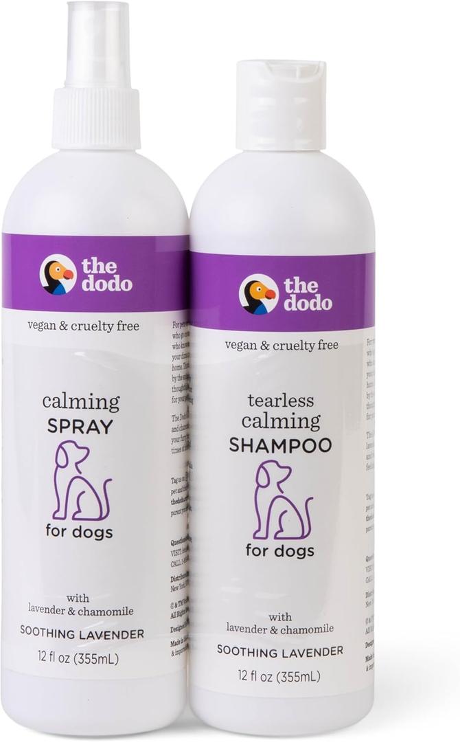 2 x The Dodo Calming Shampoo & Spray for Dogs Twin Pack; 12oz Calming Dog Shampoo + 12oz Calming Dog Spray with Lavender and Chamomile; Vegan, Cruelty-Free, No DEA, MEA, SLS or Parabens