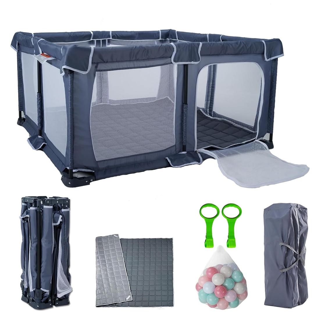 Foldable Baby Playpen 50"X50",Play pen for Babies and Toddlers, Portable Playpen, Kids Collapsible Indoor and Outdoor Fence with Visible Mesh,Safety Area Travel PlayYard with Mat Storage Bags,Handlers