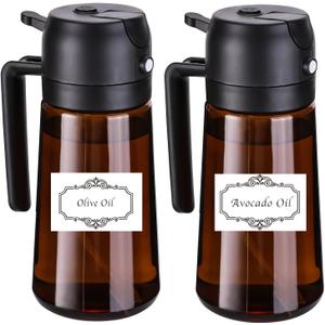(2-Piece) Olive Oil Dispenser and Oil Sprayer for Cooking with Labels, 16oz/470ml Glass Oil Bottle Coated Brown, 2 in 1 Olive Oil Dispenser Bottle for Kitchen, Oil Mister for Air Fryer, Salad, Frying