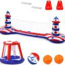 EagleStone Inflatable Pool Float Set with Volleyball Net & Basketball Hoop,2-in-1 Floating Water Games for Kids Adults, Backyard Beach Summer Toys, Heavy-Duty PVC Family Pool Party Essentials