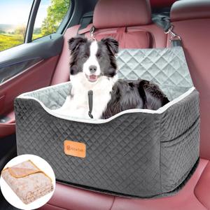 Memory Foam Booster Dog Car Seat for Medium Dogs (Under 45LBS): Elevated, Detachable Washable, Anti-Slip, for Car Back Seat, Travel Pet Bed with Seat Belt (Black)