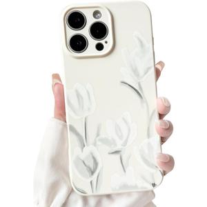 NITITOP Compatible with iPhone 16 Pro Max Case Cute Flower Floral Tulip Pattern for Women Girls Trendy Slim Fit TPU Bumper Silicone Shockproof Full Camera Protection Cover - White