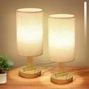 Small Cordless Touch Table Lamps Set of 2 with Stepless Dimming, Natural Wood Base & Linen Fabric Shade,Wireless Battery-Powered Ambient Night Lights for Bedroom, Bedside, Nightstand,Room, Nursery