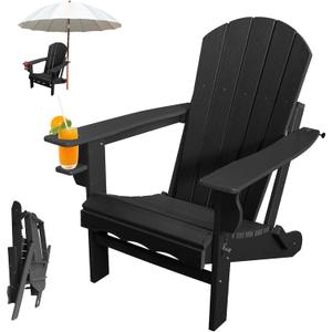 Folding Adirondack Chair, Realistic Wood Texture, No Fade, All Weather Outdoor Adirondack Patio Chairs with Cup Holder for Porch, Deck, Poolside (Black)