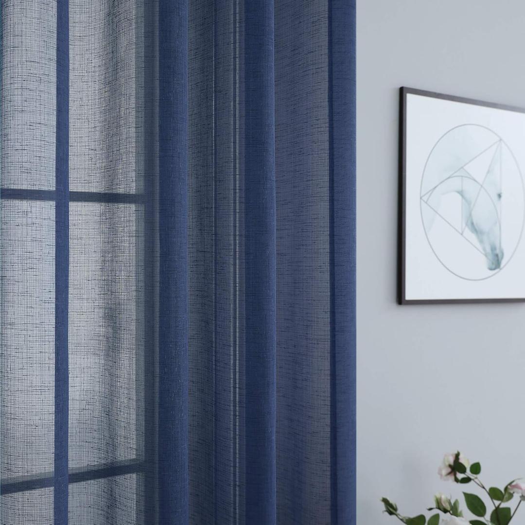 Navy Curtains 98 Inches Long for Living Room Pair Set 2 Panels Gommet Eyelet Light Voile Linen Woven Drapes Blue Semi Sheer Curtains for Dining Room Home Office Kids Room Home Decor 42x98 Inch Length