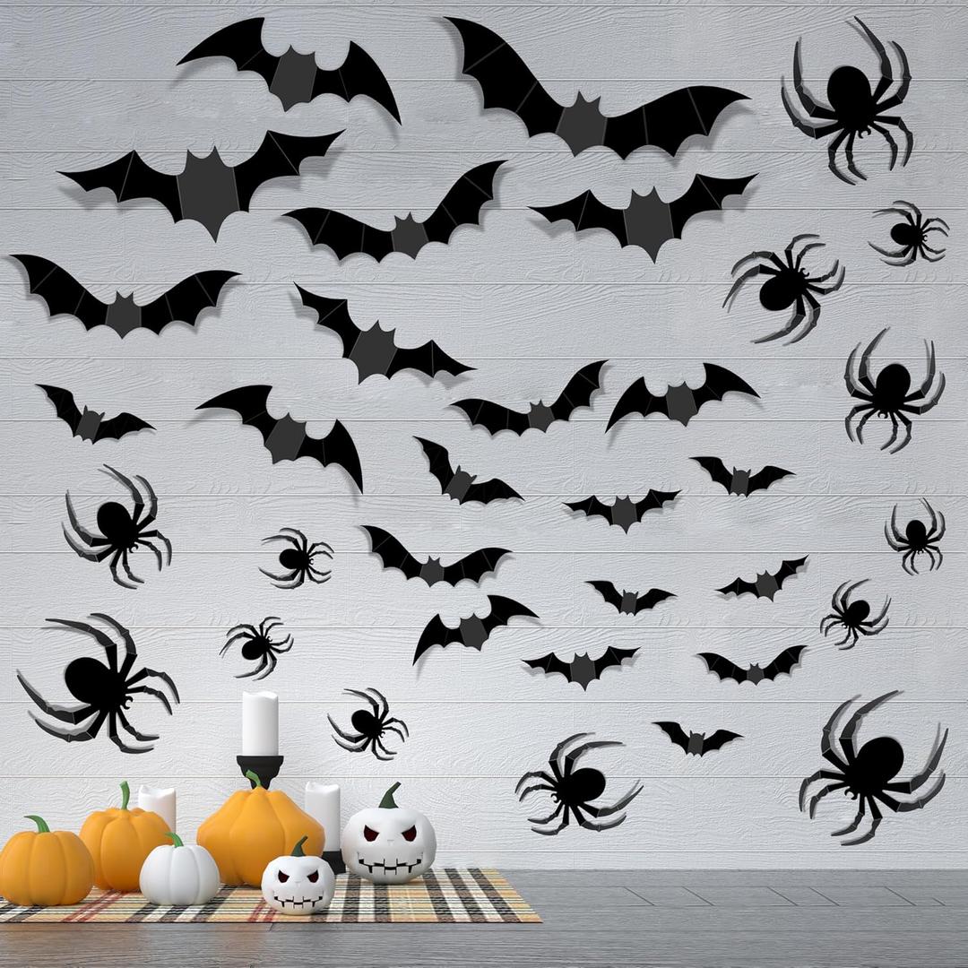 2 x 68 Pcs Bats Wall Decor and Spider Stickers,Halloween Decor Indoor,3D Realistic Scary Halloween Decorations,DIY Party Supplies,Indoor Outdoor Bat Decorations for Home Wall Window Decals