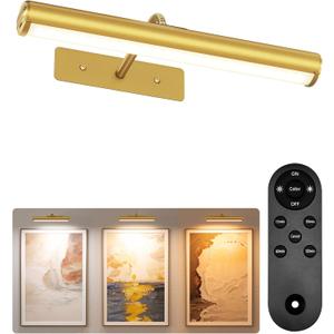 EZVALO Wireless Picture Light for Wall, 13 Inch 4000mAh Rechargeable Battery Painting Light with Remote, 3 Color Temps Dimmable Gold LED Art Light for Gallery, Living Room, Hallway