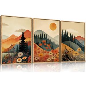 LHIUEM Large Boho Mountain Sunset Framed Canvas Wall Art Set, Pine Tree Flowers Wall Decor, Nature Landscape Forest Artwork for Living Room,Bedroom,Dining Room,Office -16"x24"x3