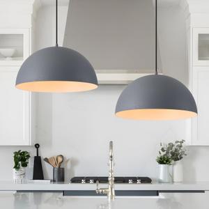 Industrial Pendant Lights Kitchen Island, 16 Inch Grey and White Metal Dome Pendant Light Fixtures, Farmhouse Hanging Light Fixture for Dining Room Restaurant Foyer Cafe, 2 Pack