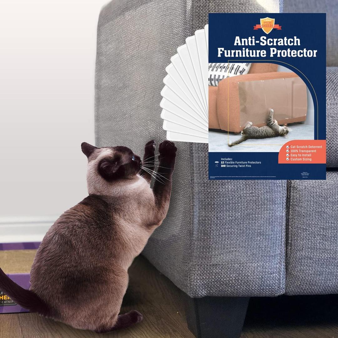 12 Pack XL Anti Cat Scratch Furniture Protector - Couch Protector from Cat Claws w/Twist Pins, Clear, Easy-to-Apply Scratching Deterrent and Shield for Sofa (Not for Leather, Velvet, Microfiber)