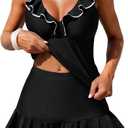 ZAFUL Women's Tankini Swimsuits V-Neck Ruffles Full Coverage Bathing Suit Swim Tank Top with Skirt (Black, M)