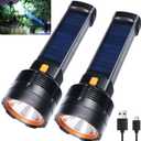 Queena 2 Pack LED Rechargeable Flashlight - 100000 Lumens Super Bright Solar Flashlights, Compact & Waterproof Flash Light for Home, Camping,Hiking, Emergencies, Adventures