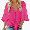 Kancystore Womens Button Down V Neck Tie Knot Front Tops 3/4 Sleeve Chiffon Casual Blouse Shirts XL