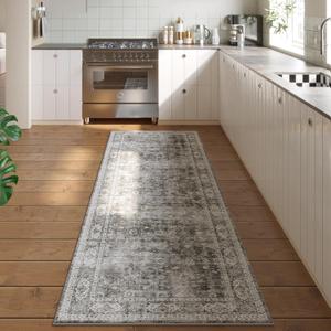 Runner Rug Hallway Runner Rug Washable Kitchen Runner Rugs with Rubber Backing 22.5" x 68" 100% Polyester Vintage Rug for Entryway Indoor, Kitchen, Laundry, Bedroom (Grey and Brown)