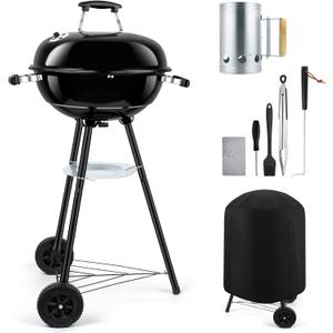 18 inch Kettle Charcoal Grills, Leonyo Portable BBQ Charcoal Grill for Outdoor with Cover & Chimney Starter, Griddle Accessories for Camping, Patio, Backyard Cooking - 254 Sq.in