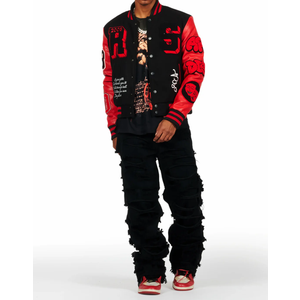 An urban collegiate varsity jacket for men in red. Designed with an ultra soft fleece body and contrast faux leather sleeves for a dope outerwear style, XL