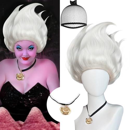 JoneTing UnderSea Witch Wig【+Hair Cap+Shell Necklace】 Short White Wigs Layered Silver Cosplay Wigs for Halloween Peluca Blanca Plateada Silver White Hair for Christmas Cosplay Party