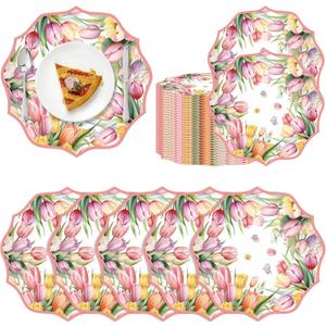 100 Pcs Spring Tulip Paper Placemats 13 Inch Scalloped Tulip Paper Placemats Spring Summer Disposable Placemat Flower Table Mats for Dinner Table Setting Birthday Wedding Bridal Shower Party Decor