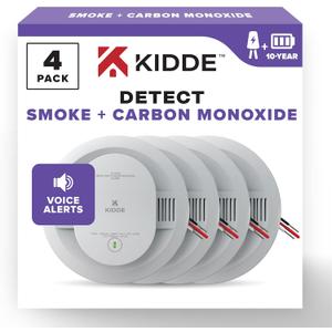 Kidde Hardwired Smoke & Carbon Monoxide Detector, 10-Year Battery Backup, Voice Alerts, Interconnectable LED Warning Light Indicators, 4 Pack