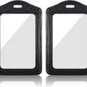 Genuine Leather ID Badge Holders, 2Pcs Leather Badge Holder with Double Side Clear Window, Vertical ID Card Holders, Waterproof Name Badge Holder for Students, Staff, Office, Employees, Black
