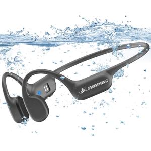 SAMVEK Bone Conduction Headphones IP68 Waterproof Swimming Headphones Open Ear Headphones with MP3 Mode 32GB Memory Up to 10 Hours Playtime Bluetooth 5.4 Ear Buds Secure Fit for Running and Fitness, Cool Gray