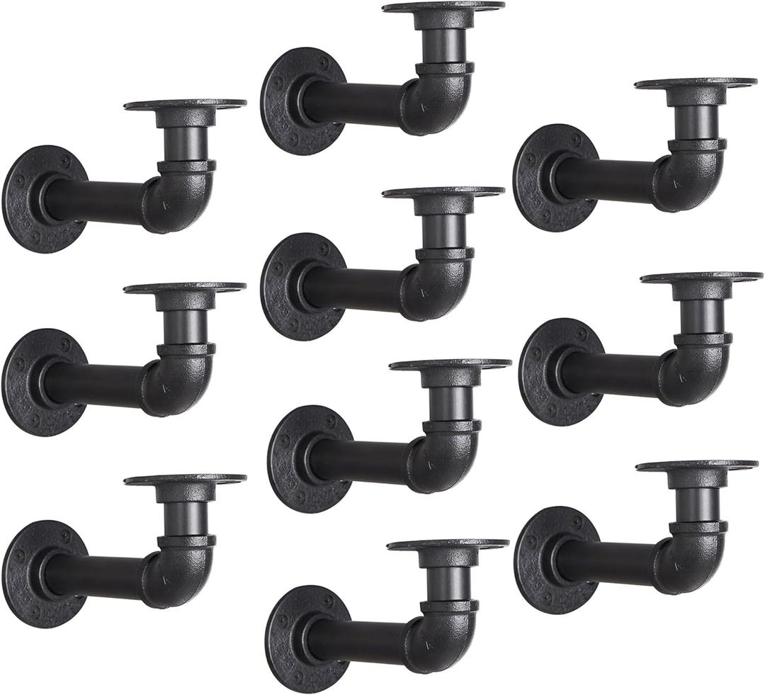 Industrial L Pipe Shelf Brackets for 6-12 In Depth Wood,Heavy-Duty 3/4" Iron,Wall Mount Floating Shelf Bracket L Metal Pipe Shelving Brackets for Wood-Black DIY Pipe Shelves(5.5*3.1 Inch 10 Pack)