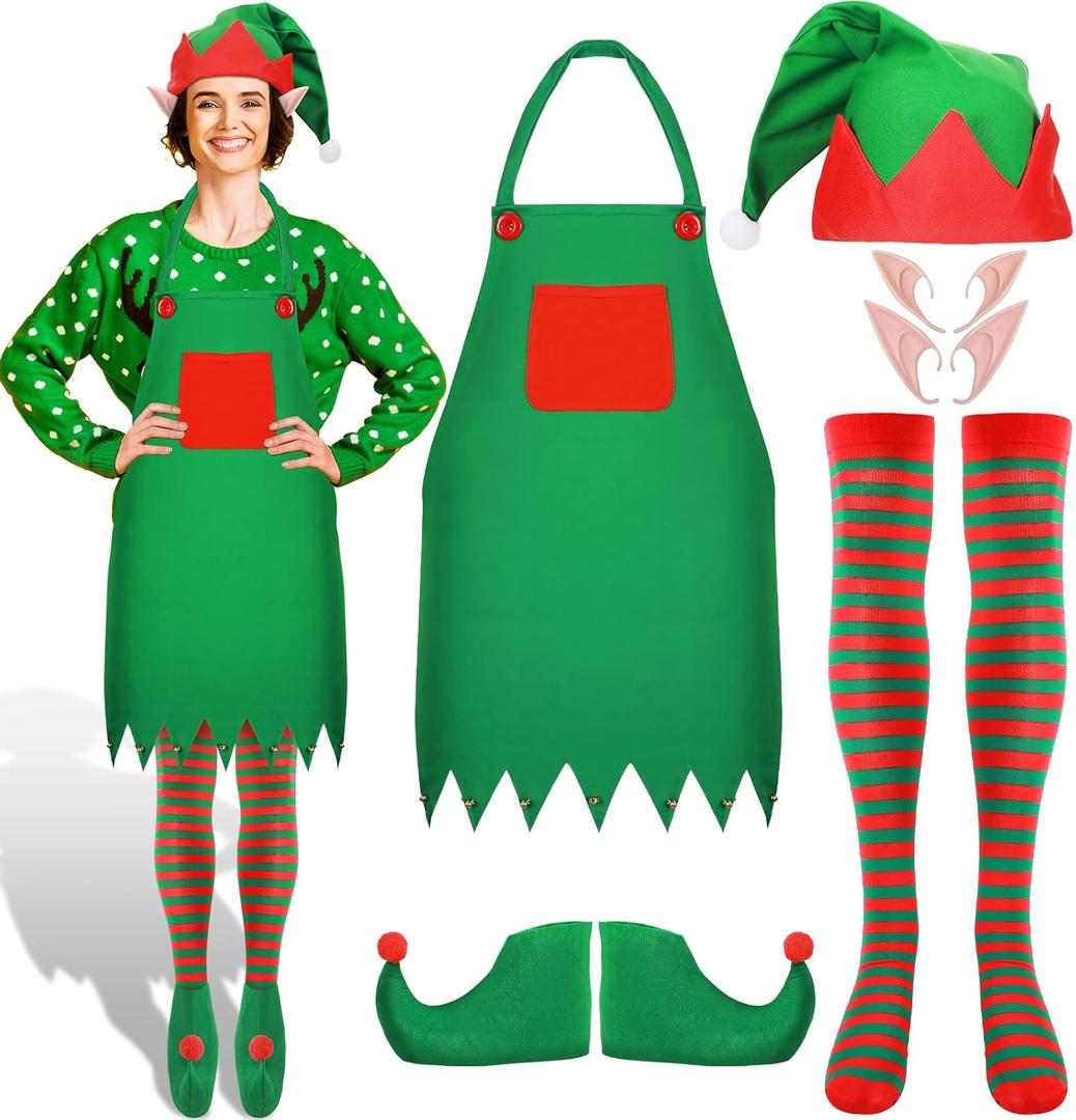 Haysandy 6 Pack Christmas Elf Costume Women Elf Apron Santa's Helper Hat Shoes Socks Ears Xmas Outfit for Adults(1 Set)