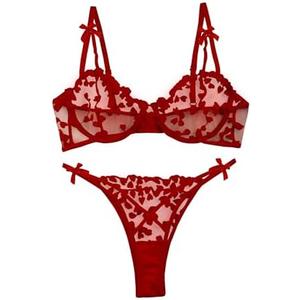 Lilosy Sexy Underwire Cute Push Up Strappy Embroidered Mesh Sheer Lingerie Set See Through Panty Bra, Medium