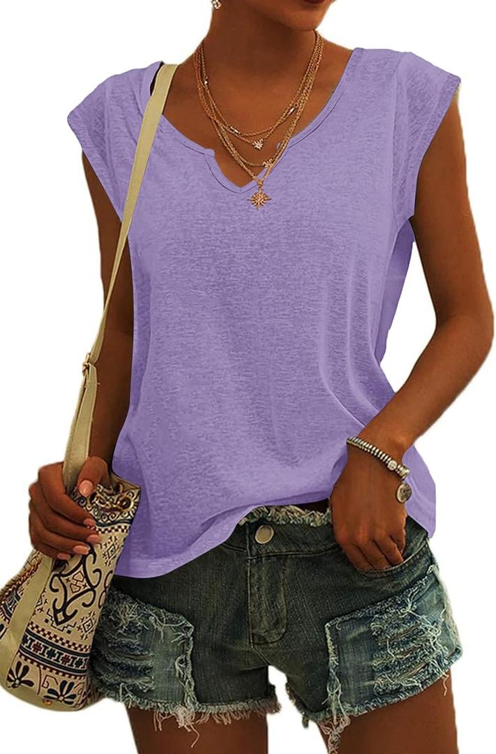 AUSELILY Women's 2025 Trendy Summer Tank Top Ladies Loose Fit Cap Sleeve V Neck T-Shirt (Purple, M)