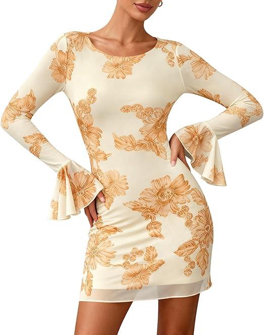 PRETTYGARDEN Women's Floral Dress Spring Fall Fashion Long Bell Sleeve Flower Mini Short Mesh Bodycon Party Dresses (Beige,Medium)