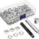 Pangda 100 Sets Grommet Eyelets Kit With Setting Tool and Storage Box for Fabric, Tarps, Curtains (3/ 8 Inch Inside Diameter, Silver)