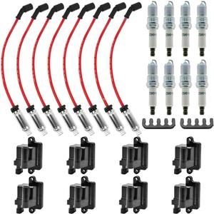 UF-271 Set of 8 12556893 Square Ignition Coil & 41-962 8 pcs Spark Plug and Red Wire Set Compatible with Chevrolet Avalanche Silverado Suburban GMC Hummer H2 Savana 1500 2500 3500 Sierra 41962