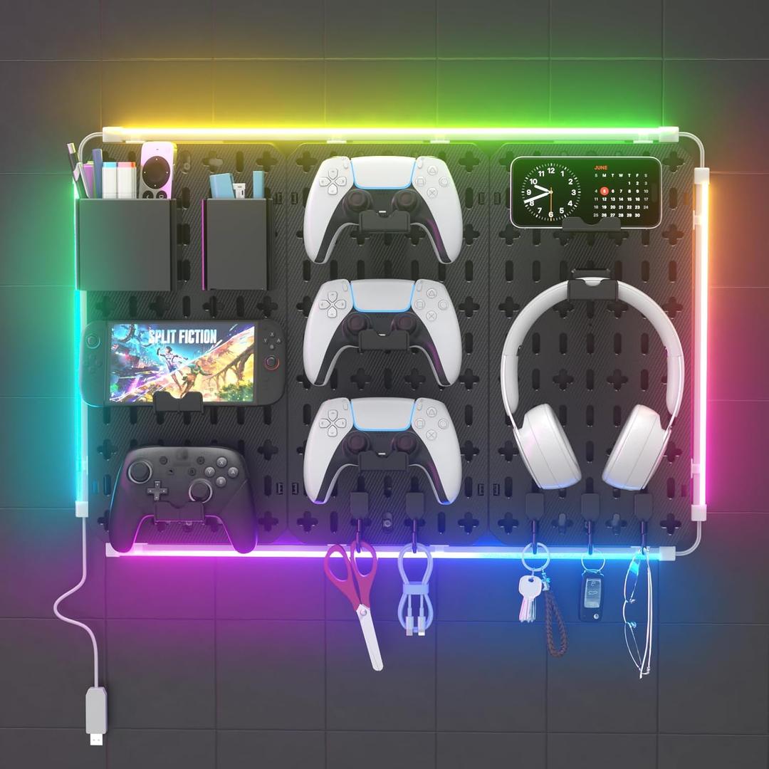 KDD Wall Organizer Peg Board - 7 in 1 Gaming Pegboard Accessories with RGB Led Strip Lights,Pegboard Combination Kit with Phone Stand/Pen Holder/Storage Box/Headset & Controller Holder/Hooks