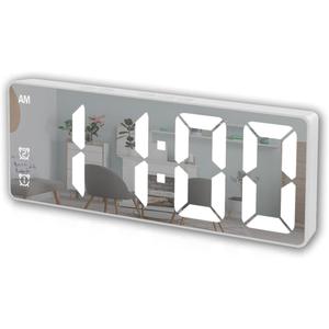 Small Digital Alarm Clock, Mirror Surface LED Electronic Clocks with Large Display, Adjustable Brightness and Snooze Model for Bedroom, Desk, Office, White Digit