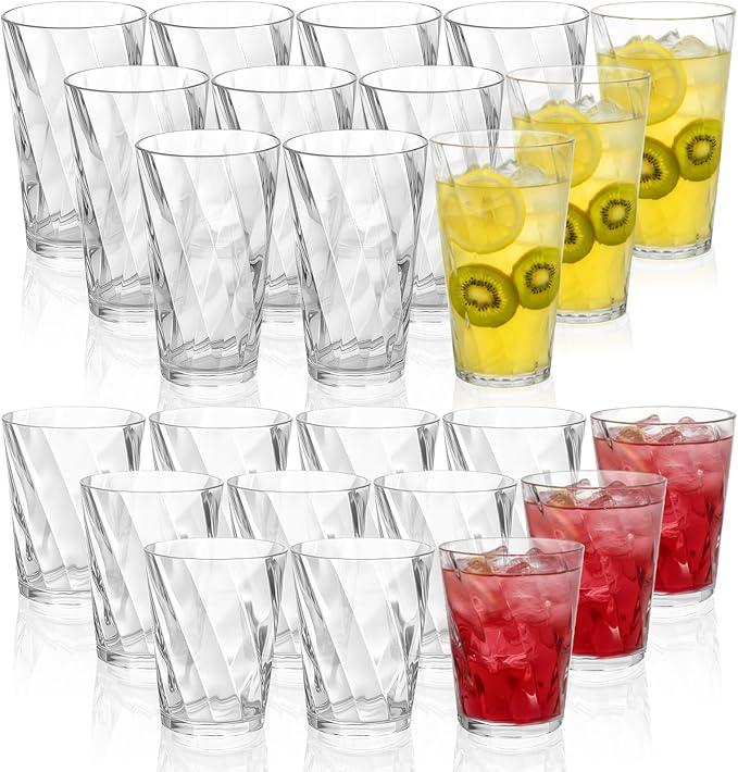 LemonRoad 24 Plastic Drinking Glasses Set Reusable 20oz Plastic Highball Drinking Glasses & 13.5oz Water Cup Collin Whiskey Cup Stackable Tumbler Drinkware for Smoothie, Coffee, Cocktail (Clear)