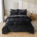 Fredsure Distressed Velvet Comforter Set, 5 Pieces Black Queen, Distressed Velvet Face and Brushed Microfiber Reverse