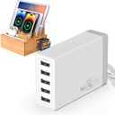 Pezin & Hulin Desktop USB Charging Station with Bamboo Charging Station, Desktop Charger Block, Compatible with Tablet, Cell Phone, Earbuds, Smartwatch (5-Port Charger HUB)