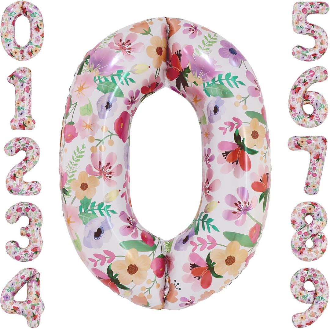 Flower Balloons 40 Inch Floral Number 0 Balloon for 10th Birthday Garden Party Decorations Ten Year Old Photo Props Foil Number 0