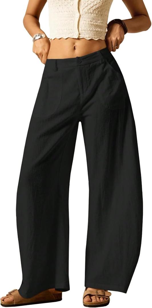 Baggy Barrel Pants Women Cotton Linen Summer Palazzo Pants Casual Wide Leg Trousers with Pockets (Black, XL)
