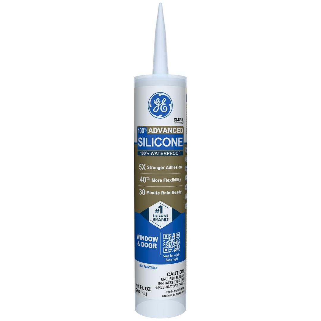 GE Advanced Silicone Caulk for Window & Door, Clear, 10 fl oz Cartridge, 1 Pack - 100% Waterproof Silicone Sealant, 5X Stronger Adhesion, Shrink & Crack Proof