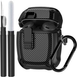 Compatible Google Pixel Bud Pro & Bud Pro 2 Case Lock Clip with Cleaner Kit, Military Shell Protective Armor Cover with Lock & Carabiner for Google Pixel Buds Pro 2022/2024, Black