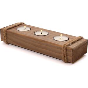 Wooden tealight Candle Holder - Rustic Tea Light Holder - Cool Wood Farmhouse Table Decor - 3 Tea Lights Candle Holder Tray - Cute Brown Tea Candle Holders