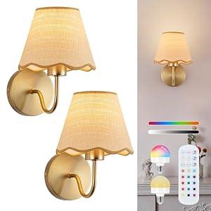 ADISUN Battery Operated Wall Sconce Set of 2, Gold Wall Lamps Rechargeable Bulbs for Living Room, Rattan Shade Wireless Wall Lights for Bedroom Living Room Hallway Kitchen(2 Bulbs Included)