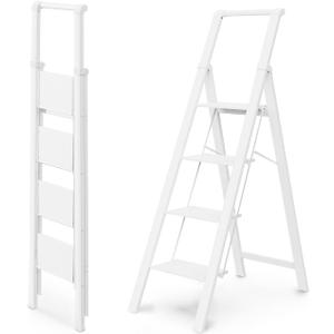 WOA WOA 4 Step Ladder, Ladders for Home, Anti-Slip Pedals, Aluminum Step Stool Foldable, Lightweight to Move, Ease of Storage, Reach 9ft for Closet Kitchen Library, Hold 300lbs - White