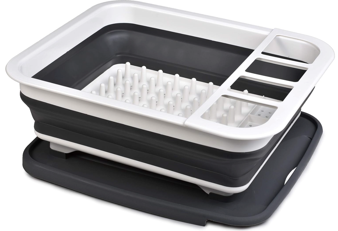 Masirs Pop-Up Collapsible Dish Drying Rack: Convenient Storage, Drains into Sink, Eight Large Plate Capacity, Sectional Cutlery and Utensil Compartment. Compact and Portable Design.