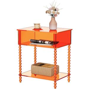 Acrylic Side Table, Clear 3-Tier End Table with Storage, Nightstand for Living Room, Bedroom, Office (Orange, Large)