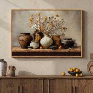 Framed Vintage Floral Pottery Kitchen Wall Art, Farmhouse Rustic Still Life Neutral Canvas Artwork for Walls, Retro Vase Flower Painting Print for Dining Room Bedroom Living Room Wall Decor, 36x24 In