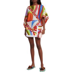 Wuitrie Two Piece Sets for Women Color block Poncho Tops Mini Skirt Geometric Print Going Out Vacation Outfits (Medium)
