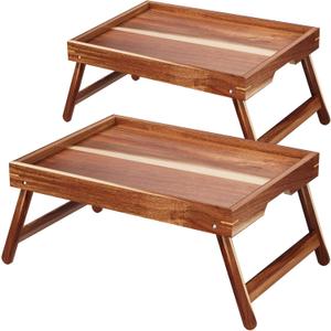 2 Pack Acacia Wood Bed Tray Table with Folding Legs,Breakfast Trays,Serving Tray for Food and Snack,Laptop Trays for Working(Natural)