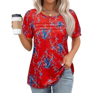 Womens Summer Short Sleeve Tops Pleated Shirts Crewneck Outfit Puff Sleeve Blouses Casual Tunic Blue Flower (2XL)